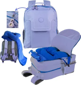 3pc Kids Travel Backpack for airplane | Kids travel pillow and blanket set | Kid AirTag holder included | Purple backpack