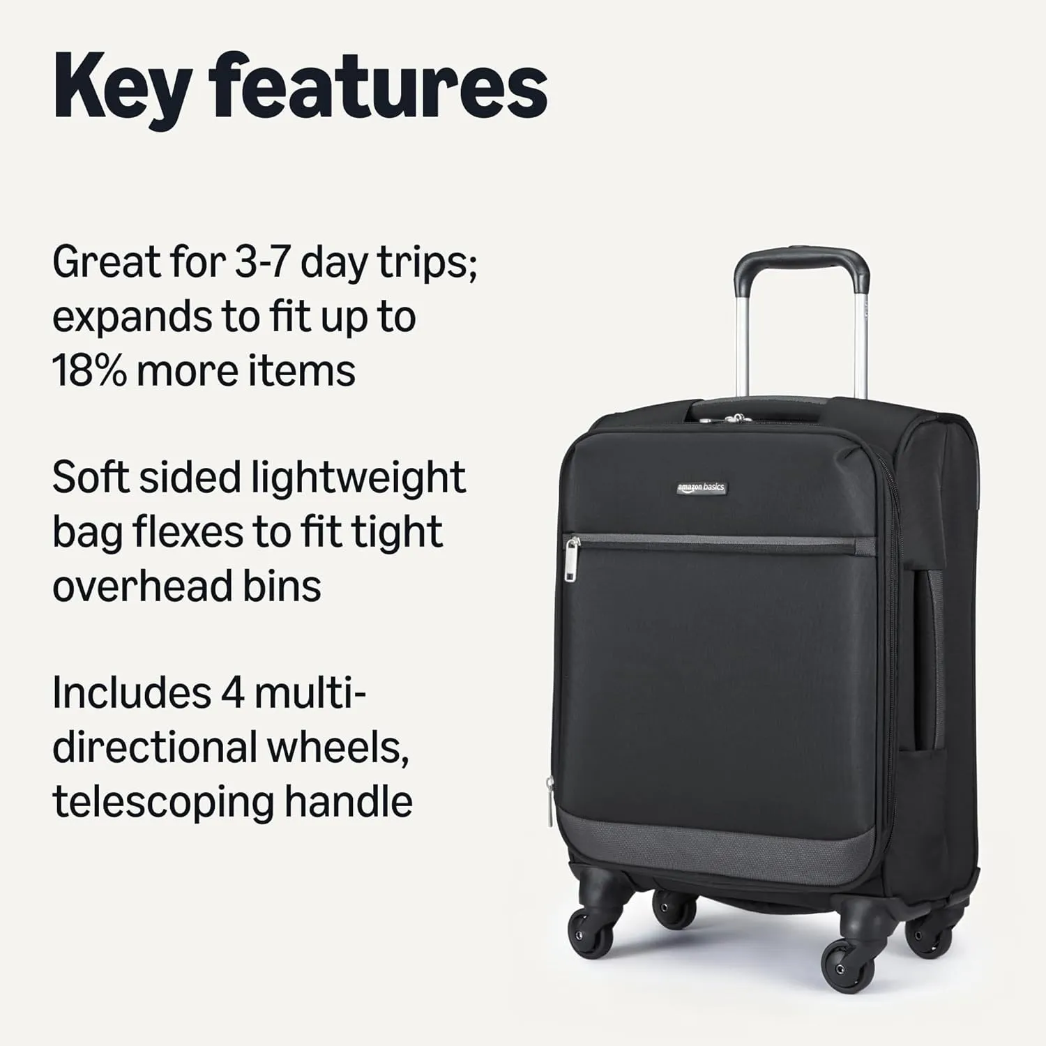 Amazon Basics Luggage, 21" Medium Carry-On Softside Suitcase With Wheels, With Four 360-Degree Multi-directional Spinner Wheels, Expandable Space, ZipperedPocket and Straps, Telescopic Handle, Black