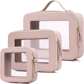 Clear Makeup Bag Waterproof Travel Case for Cosmetics and Toiletries Women's Purse Organizer and Clear Car Bag with Zipper (Pink, L M MINI)