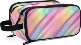 Color Neon Print Full-Print Large Makeup Bag Durable Cosmetic Organizer with Elastic Compartments, Brush Slots & Handle for Travel Toiletries or Home Use