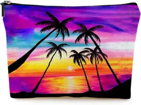 Cosmetic Bags for Women - Travel Makeup Bag - Canvas - Waterproof - Sunset Coconut Palm - Red