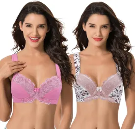 Curve Muse Women's Plus Size Unlined Underwire Lace Bra with Cushion Straps-2PK