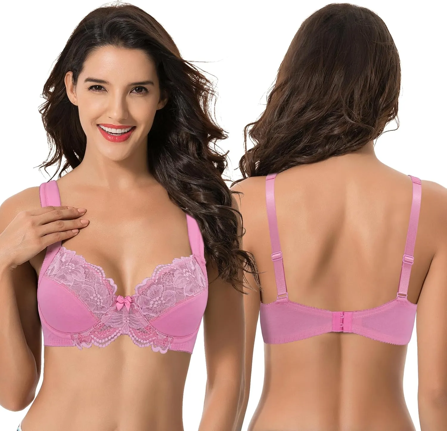 Curve Muse Women's Plus Size Unlined Underwire Lace Bra with Cushion Straps-2PK