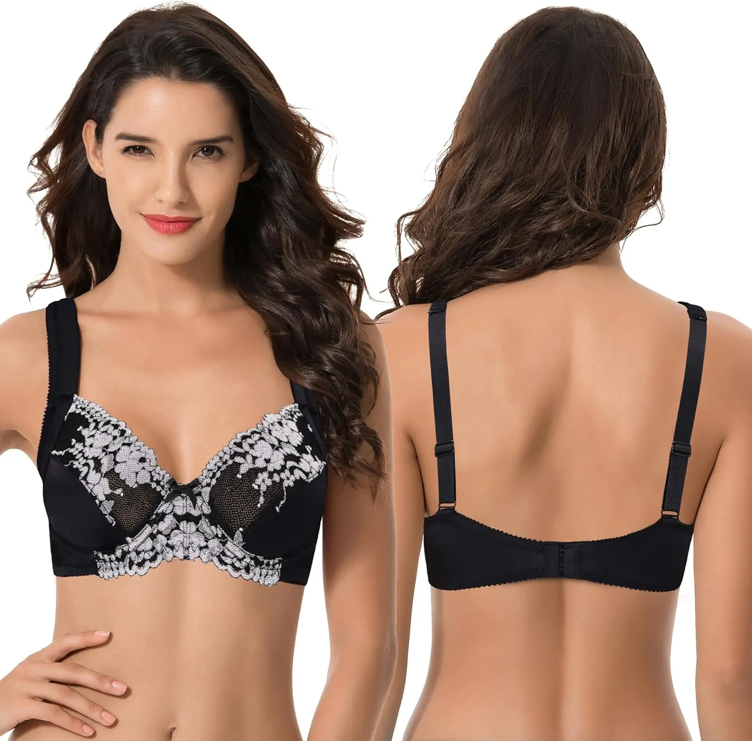 Curve Muse Women's Plus Size Unlined Underwire Lace Bra with Cushion Straps-2PK