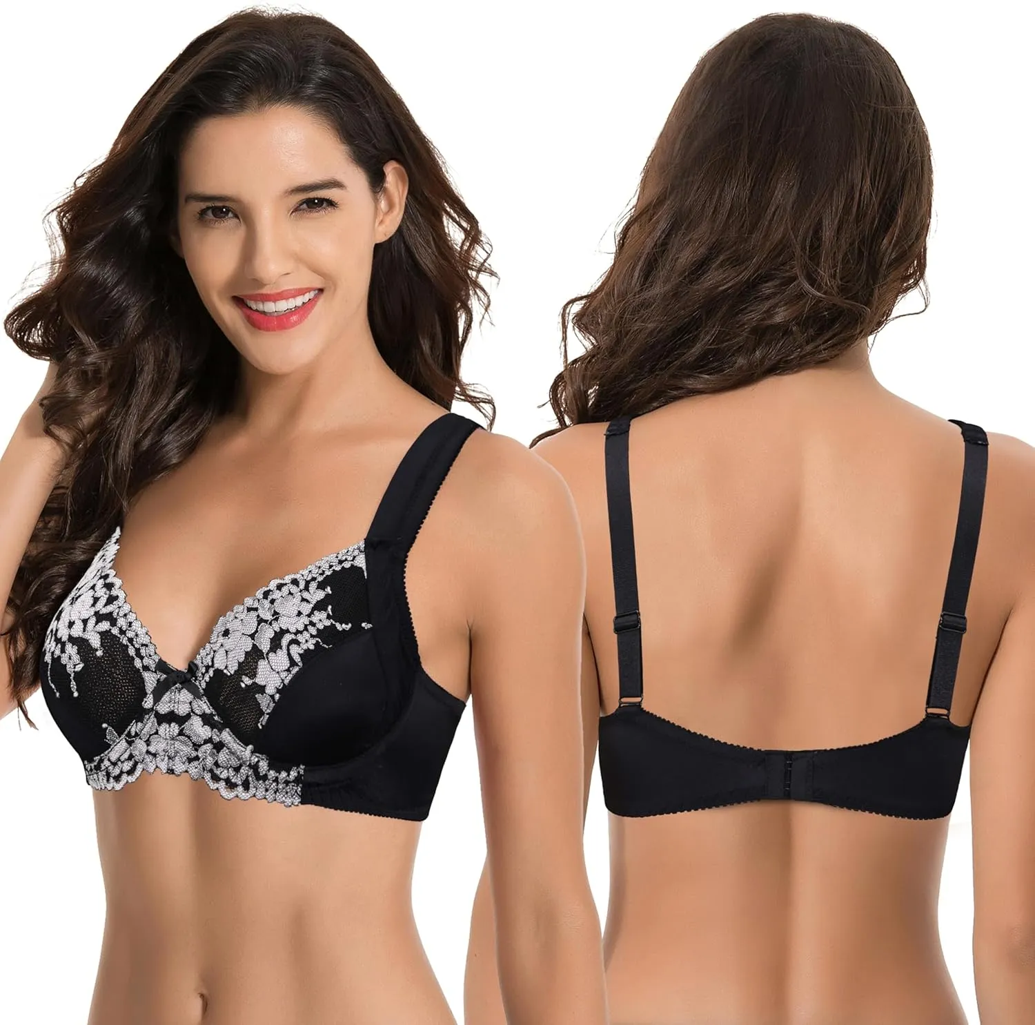 Curve Muse Women's Plus Size Unlined Underwire Lace Bra with Cushion Straps-2PK