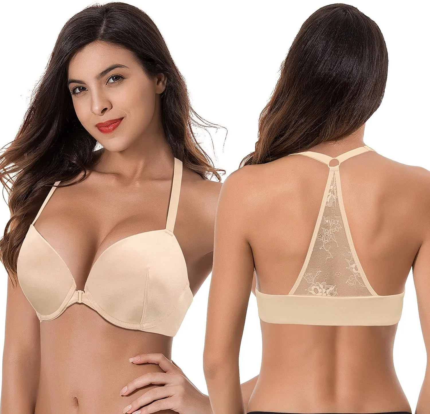 Curve Muse Womens Push Up Add 1 and a Half Cup Underwire Halter Front Close Bras