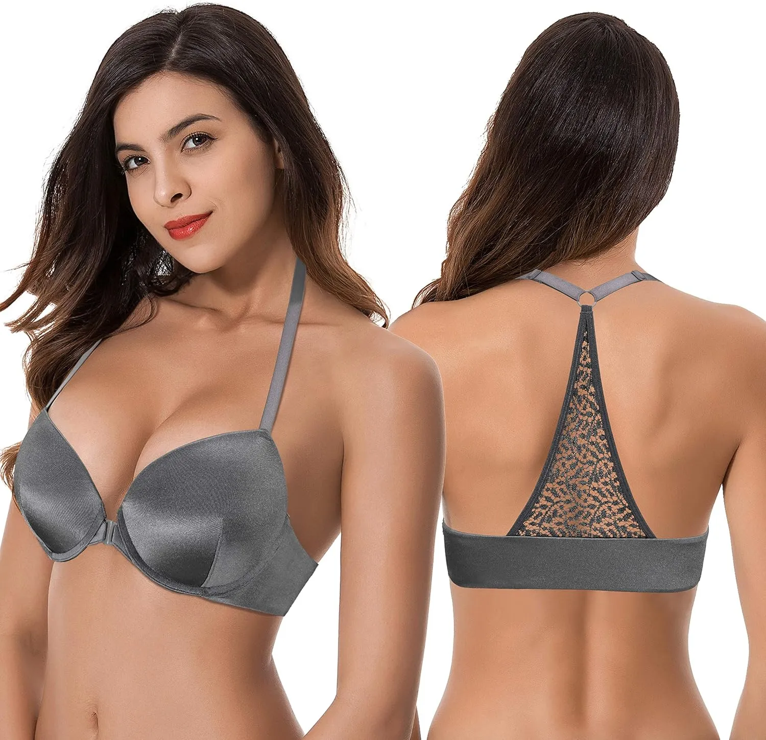 Curve Muse Womens Push Up Add 1 and a Half Cup Underwire Halter Front Close Bras