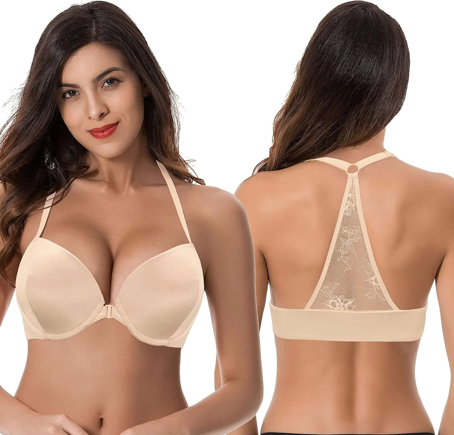 Curve Muse Womens Push Up Add 1 and a Half Cup Underwire Halter Front Close Bras