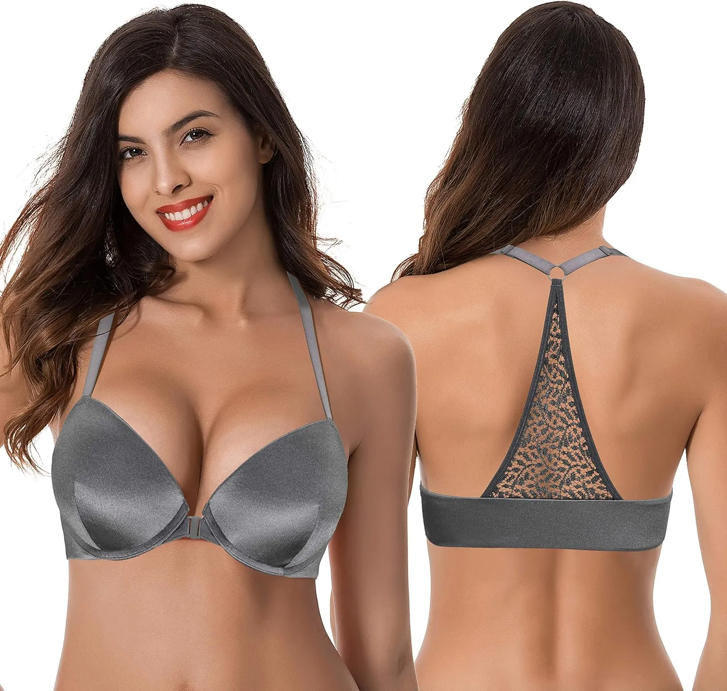 Curve Muse Womens Push Up Add 1 and a Half Cup Underwire Halter Front Close Bras