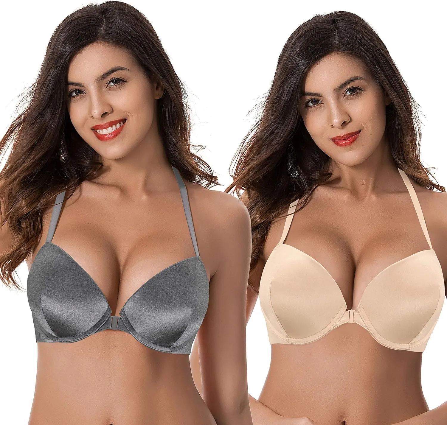Curve Muse Womens Push Up Add 1 and a Half Cup Underwire Halter Front Close Bras