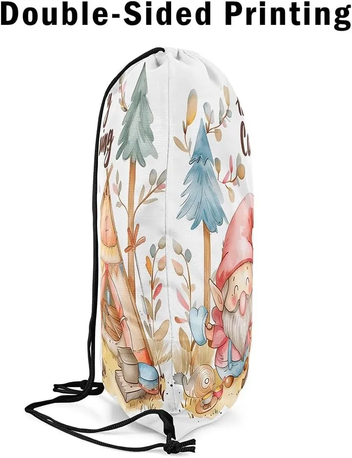 Erosebridal Happy Camping Drawstring Backpack for Travel Trailers,Rustic Camper Drawstring Bag,Cartoon Gnomes Draw String Back Bag,Farmhouse Campfires Pines Tree String Backpack,13 x 15.7 inch