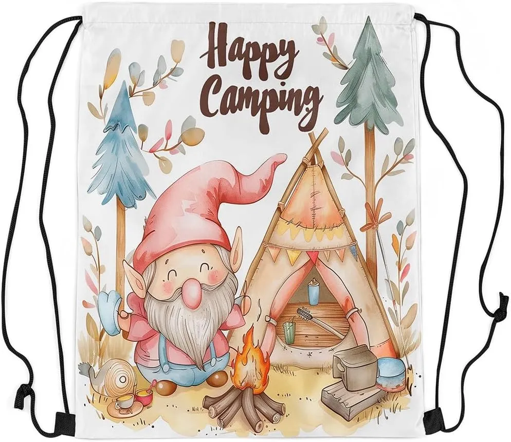 Erosebridal Happy Camping Drawstring Backpack for Travel Trailers,Rustic Camper Drawstring Bag,Cartoon Gnomes Draw String Back Bag,Farmhouse Campfires Pines Tree String Backpack,13 x 15.7 inch