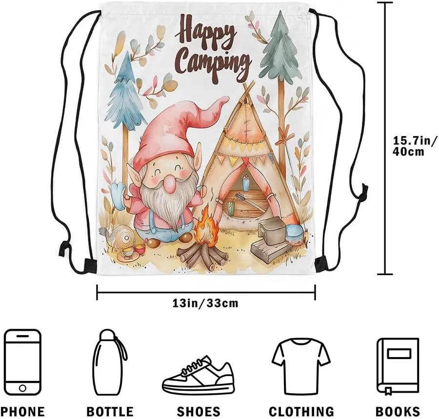 Erosebridal Happy Camping Drawstring Backpack for Travel Trailers,Rustic Camper Drawstring Bag,Cartoon Gnomes Draw String Back Bag,Farmhouse Campfires Pines Tree String Backpack,13 x 15.7 inch