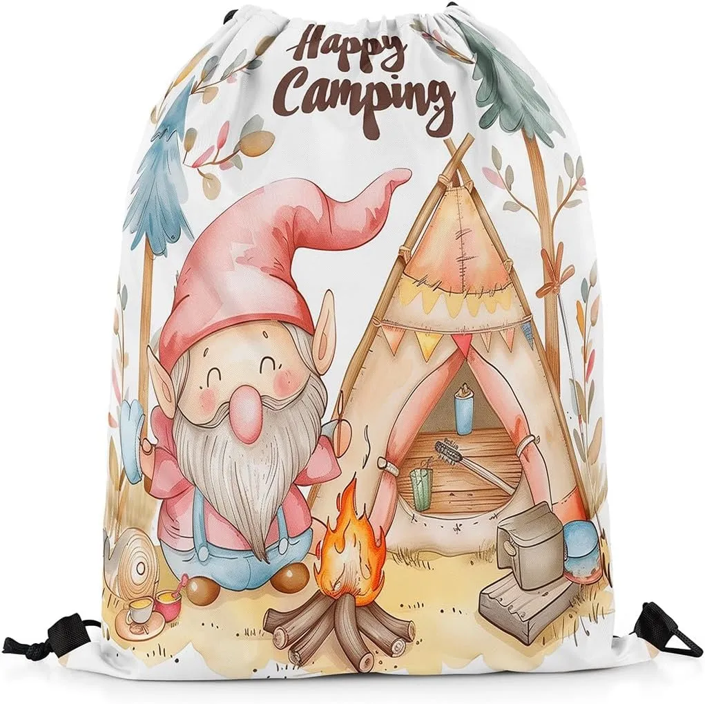 Erosebridal Happy Camping Drawstring Backpack for Travel Trailers,Rustic Camper Drawstring Bag,Cartoon Gnomes Draw String Back Bag,Farmhouse Campfires Pines Tree String Backpack,13 x 15.7 inch
