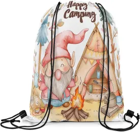 Erosebridal Happy Camping Drawstring Backpack for Travel Trailers,Rustic Camper Drawstring Bag,Cartoon Gnomes Draw String Back Bag,Farmhouse Campfires Pines Tree String Backpack,13 x 15.7 inch