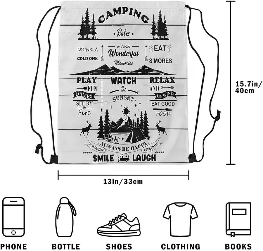 Erosebridal Rustic Camper Drawstring Backpack 13 x 15.7 inch for Cabin Lodge,Farm Style Happy Camping Drawstring Bag,Camping Rules Draw String Back Bag,Wooden Plank String Backpack for Swim