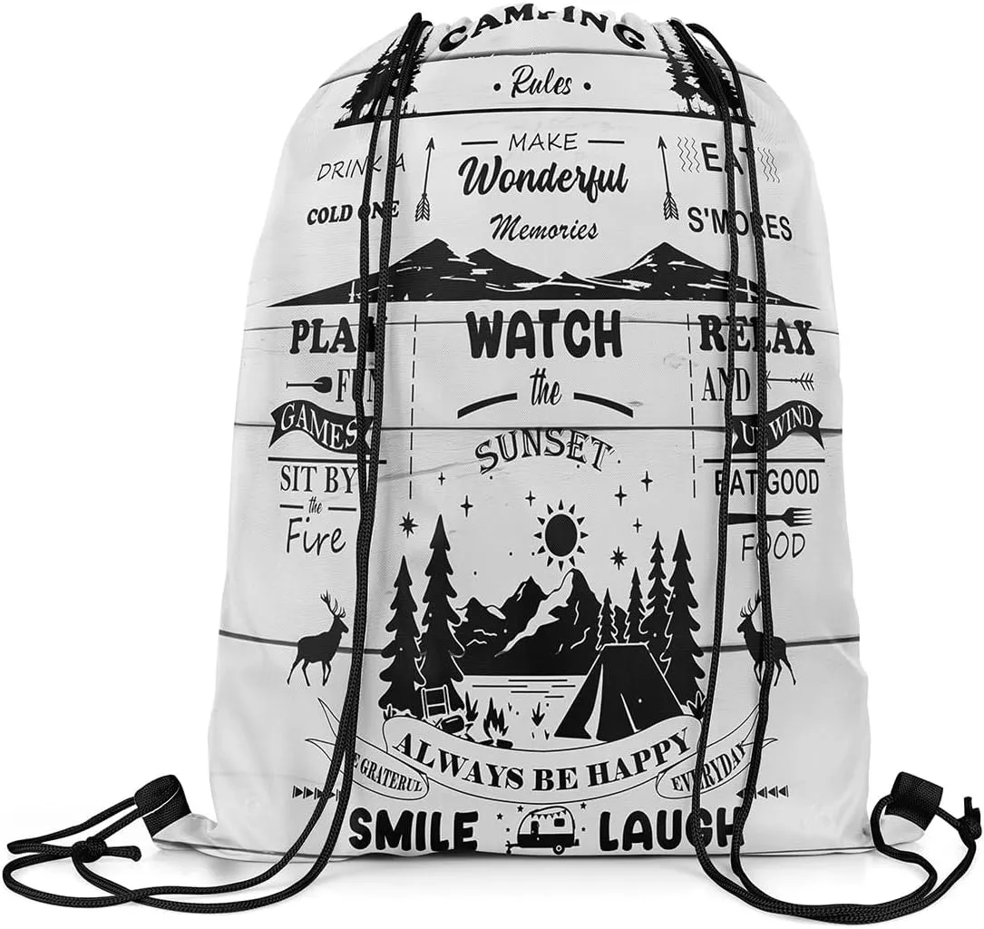 Erosebridal Rustic Camper Drawstring Backpack 13 x 15.7 inch for Cabin Lodge,Farm Style Happy Camping Drawstring Bag,Camping Rules Draw String Back Bag,Wooden Plank String Backpack for Swim