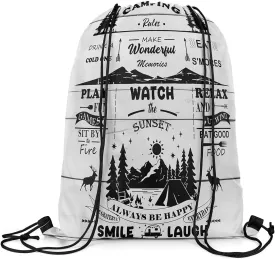Erosebridal Rustic Camper Drawstring Backpack 13 x 15.7 inch for Cabin Lodge,Farm Style Happy Camping Drawstring Bag,Camping Rules Draw String Back Bag,Wooden Plank String Backpack for Swim