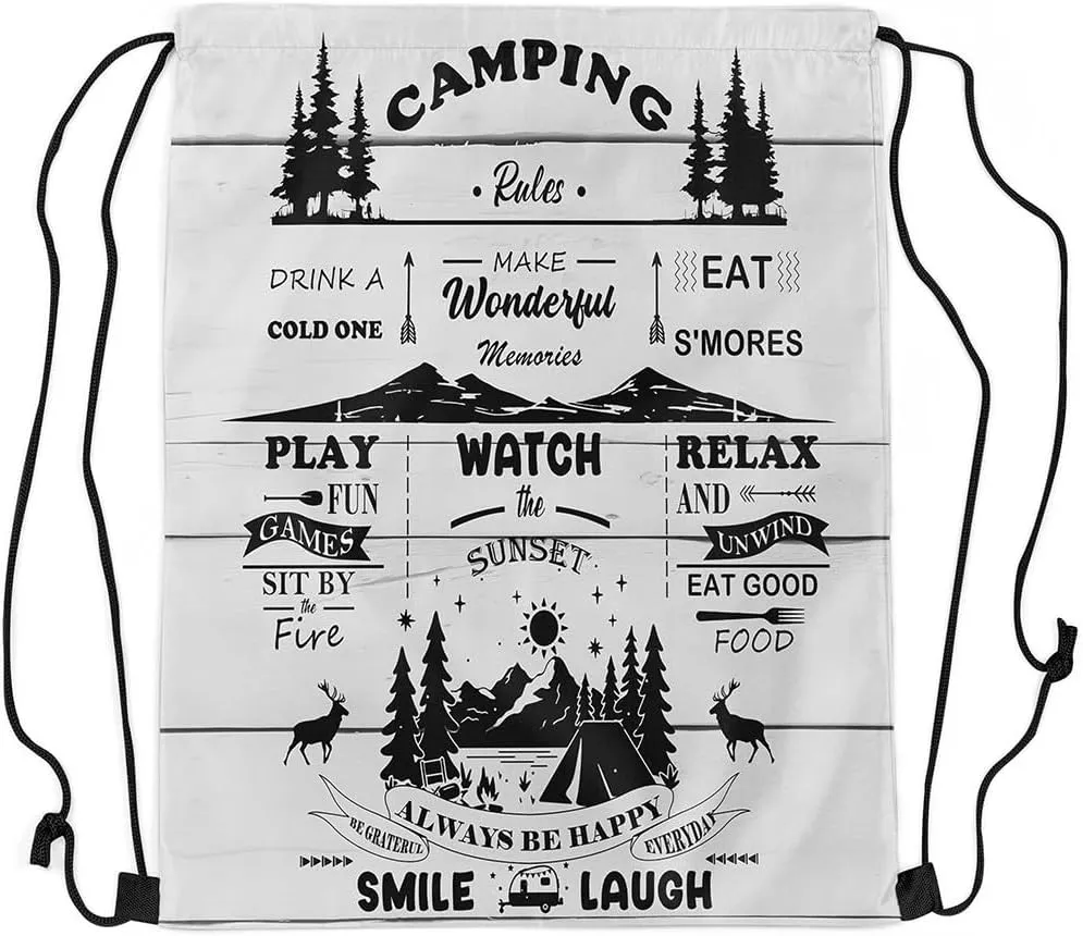 Erosebridal Rustic Camper Drawstring Backpack 13 x 15.7 inch for Cabin Lodge,Farm Style Happy Camping Drawstring Bag,Camping Rules Draw String Back Bag,Wooden Plank String Backpack for Swim