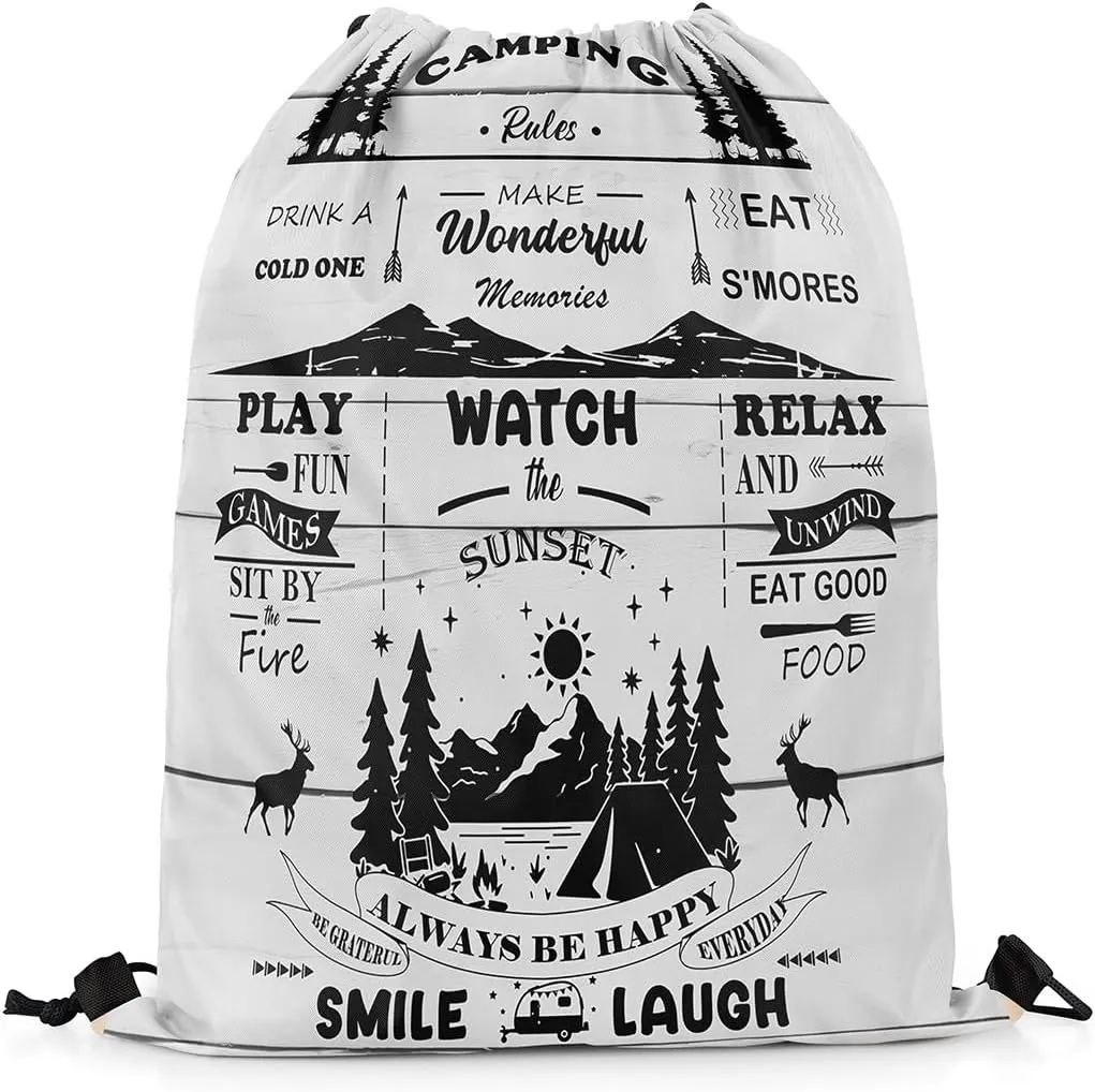 Erosebridal Rustic Camper Drawstring Backpack 13 x 15.7 inch for Cabin Lodge,Farm Style Happy Camping Drawstring Bag,Camping Rules Draw String Back Bag,Wooden Plank String Backpack for Swim