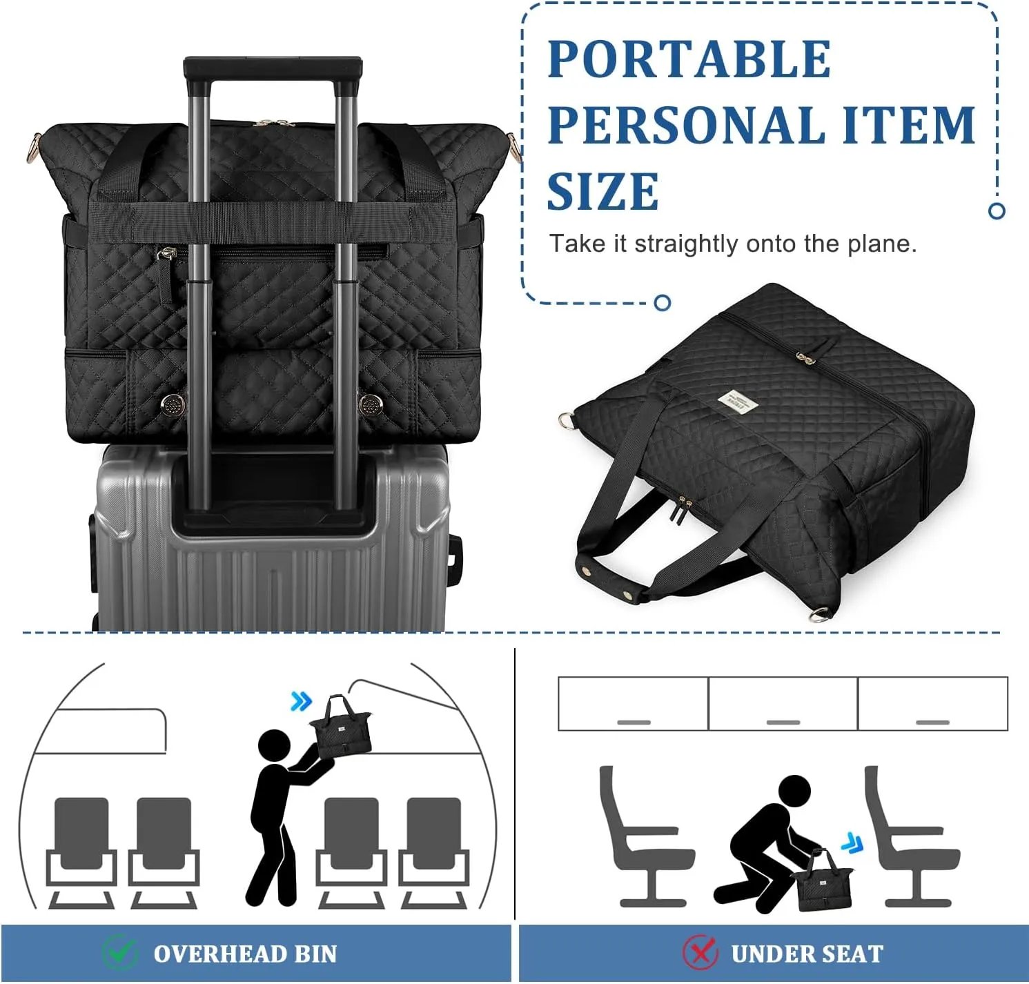 ETRONIK Travel Bag for Women, 48L Gym Duffel Bag with Shoes Compartment, Weekender Overnight Bag with Wet Pocket for Women Travel Gym Daily Use, Large Size (Black)