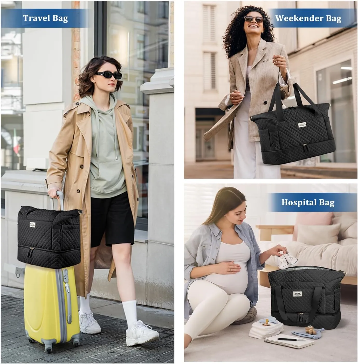 ETRONIK Travel Bag for Women, 48L Gym Duffel Bag with Shoes Compartment, Weekender Overnight Bag with Wet Pocket for Women Travel Gym Daily Use, Large Size (Black)