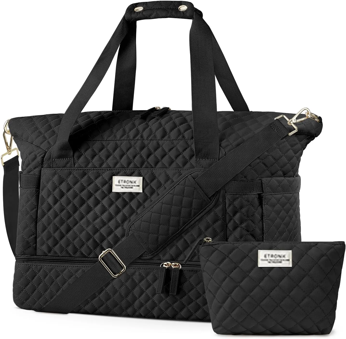 ETRONIK Travel Bag for Women, 48L Gym Duffel Bag with Shoes Compartment, Weekender Overnight Bag with Wet Pocket for Women Travel Gym Daily Use, Large Size (Black)