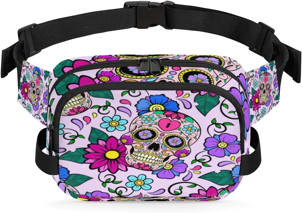 Flower Sugar Skull Fanny Pack Durable with Adjustable Belt Main Zippered Pocket Lightweight Waterproof Belt Bag for Travel Sports Workout Hiking Phone Bag
