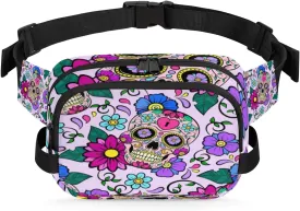 Flower Sugar Skull Fanny Pack Durable with Adjustable Belt Main Zippered Pocket Lightweight Waterproof Belt Bag for Travel Sports Workout Hiking Phone Bag