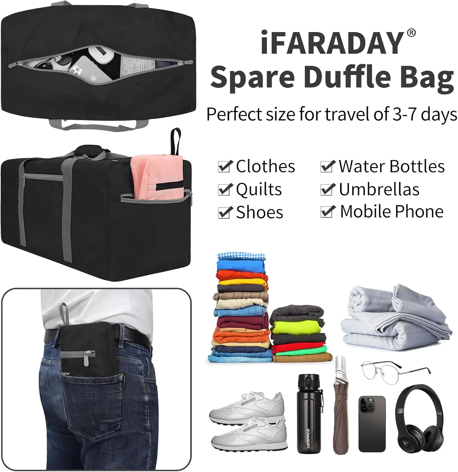 Foldable Duffel Bag 35L Small Lightweight Luggage Bag for Travel Gym Sport-Black