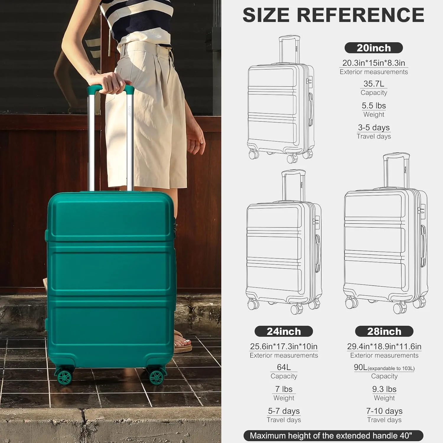 Kono 20'' Carry on Luggage Lightweight with Spinner Wheel TSA Lock Hardside Luggage Airline Approved Carry on Suitcase Turquoise