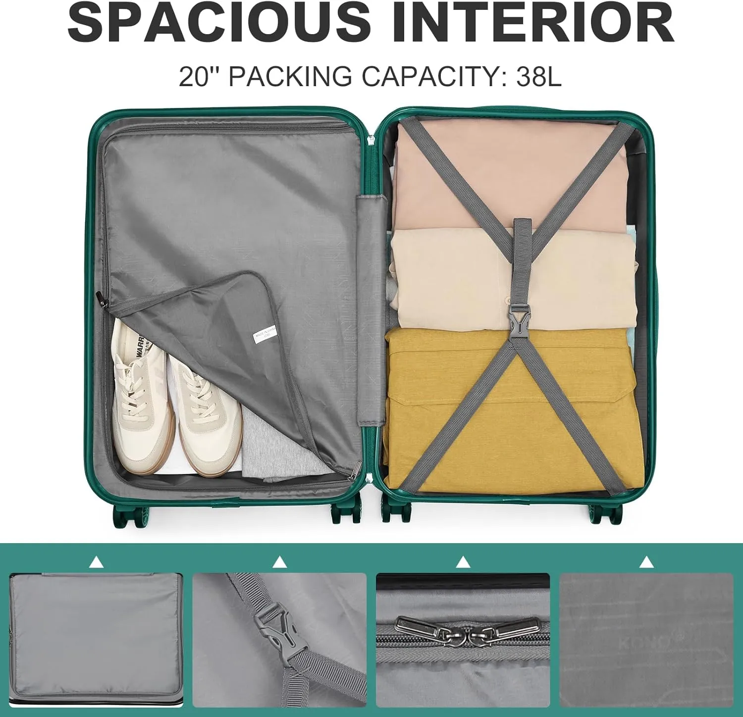 Kono 20'' Carry on Luggage Lightweight with Spinner Wheel TSA Lock Hardside Luggage Airline Approved Carry on Suitcase Turquoise