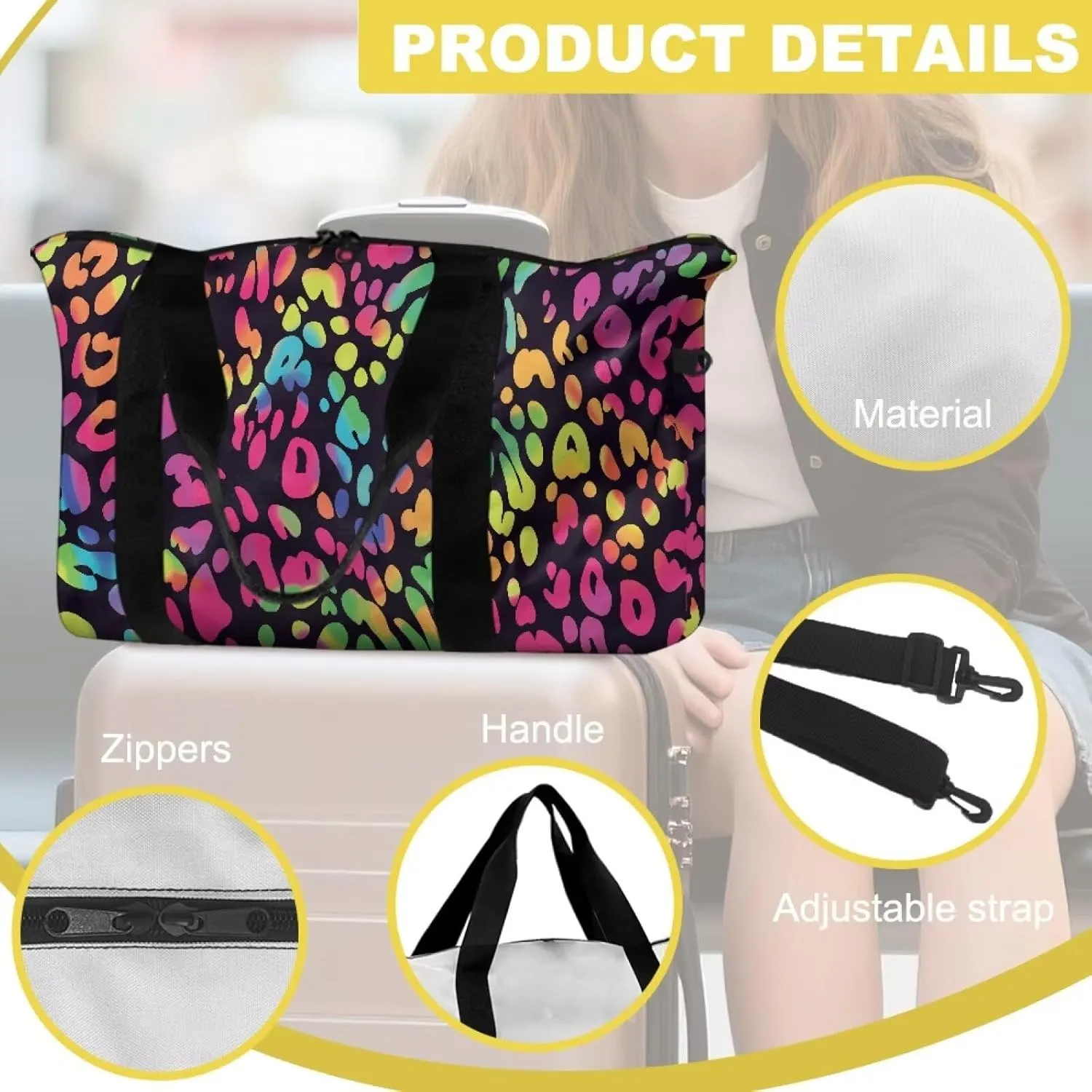 Large Capacity Polyester Duffel Bag - Airline Approved Cabin Luggage with Adjustable Strap & Side Pocket - Spacious Travel & Gym Holdall 22.24 x 6.3 x 13 In Leopard Spot Colorful Print