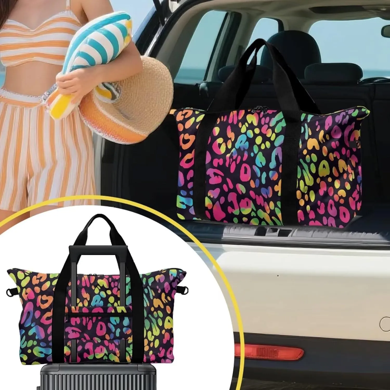 Large Capacity Polyester Duffel Bag - Airline Approved Cabin Luggage with Adjustable Strap & Side Pocket - Spacious Travel & Gym Holdall 22.24 x 6.3 x 13 In Leopard Spot Colorful Print