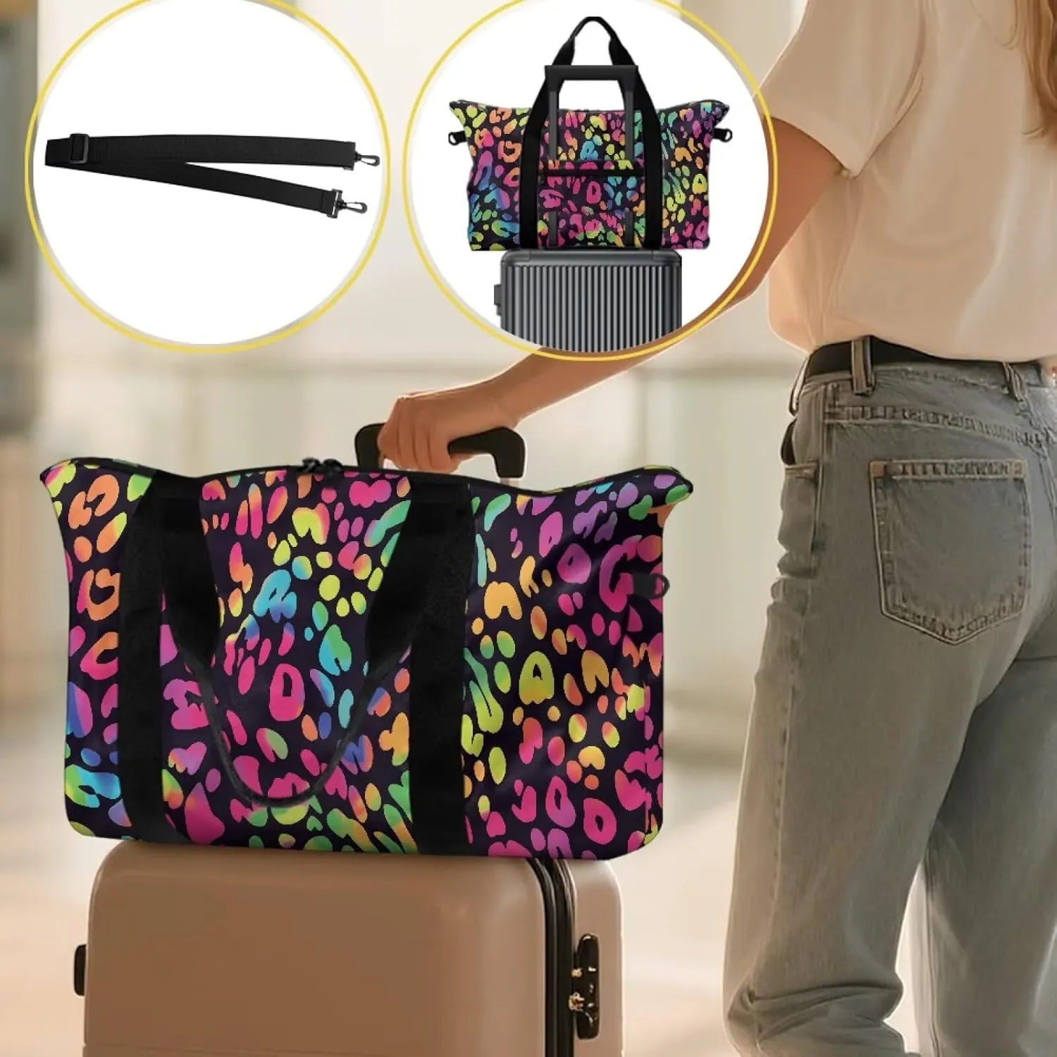 Large Capacity Polyester Duffel Bag - Airline Approved Cabin Luggage with Adjustable Strap & Side Pocket - Spacious Travel & Gym Holdall 22.24 x 6.3 x 13 In Leopard Spot Colorful Print