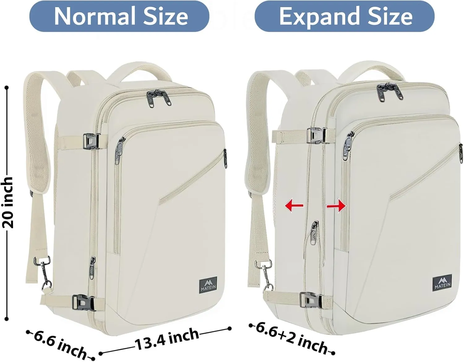 MATEIN Large Backpack for Travel Flight Approved, 45L Carry on Backpack with Padded Shoulder Straps for Adult, Men, Women, Expandable Daypack for Clothes, Travel Essentials, Beige
