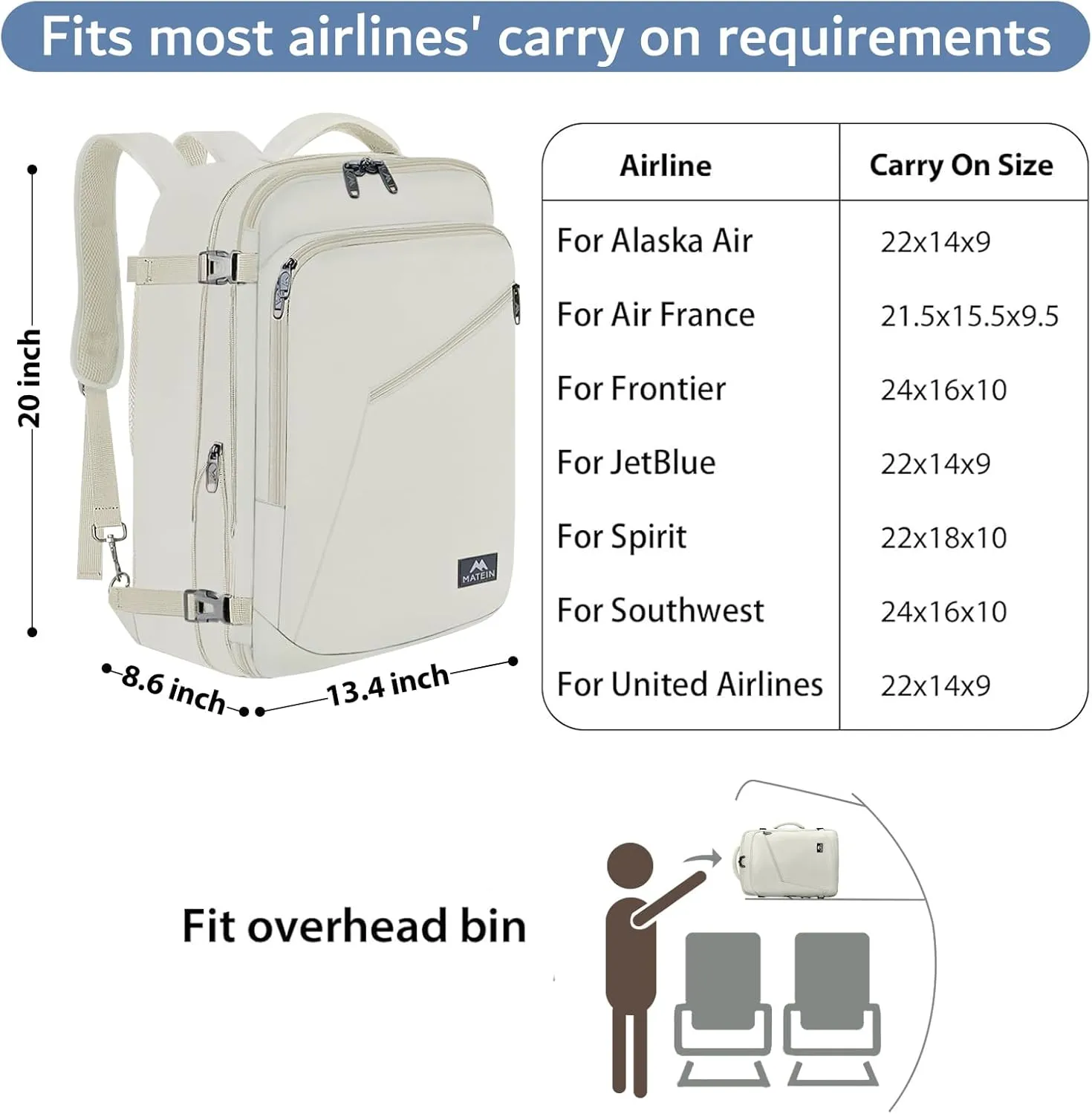 MATEIN Large Backpack for Travel Flight Approved, 45L Carry on Backpack with Padded Shoulder Straps for Adult, Men, Women, Expandable Daypack for Clothes, Travel Essentials, Beige