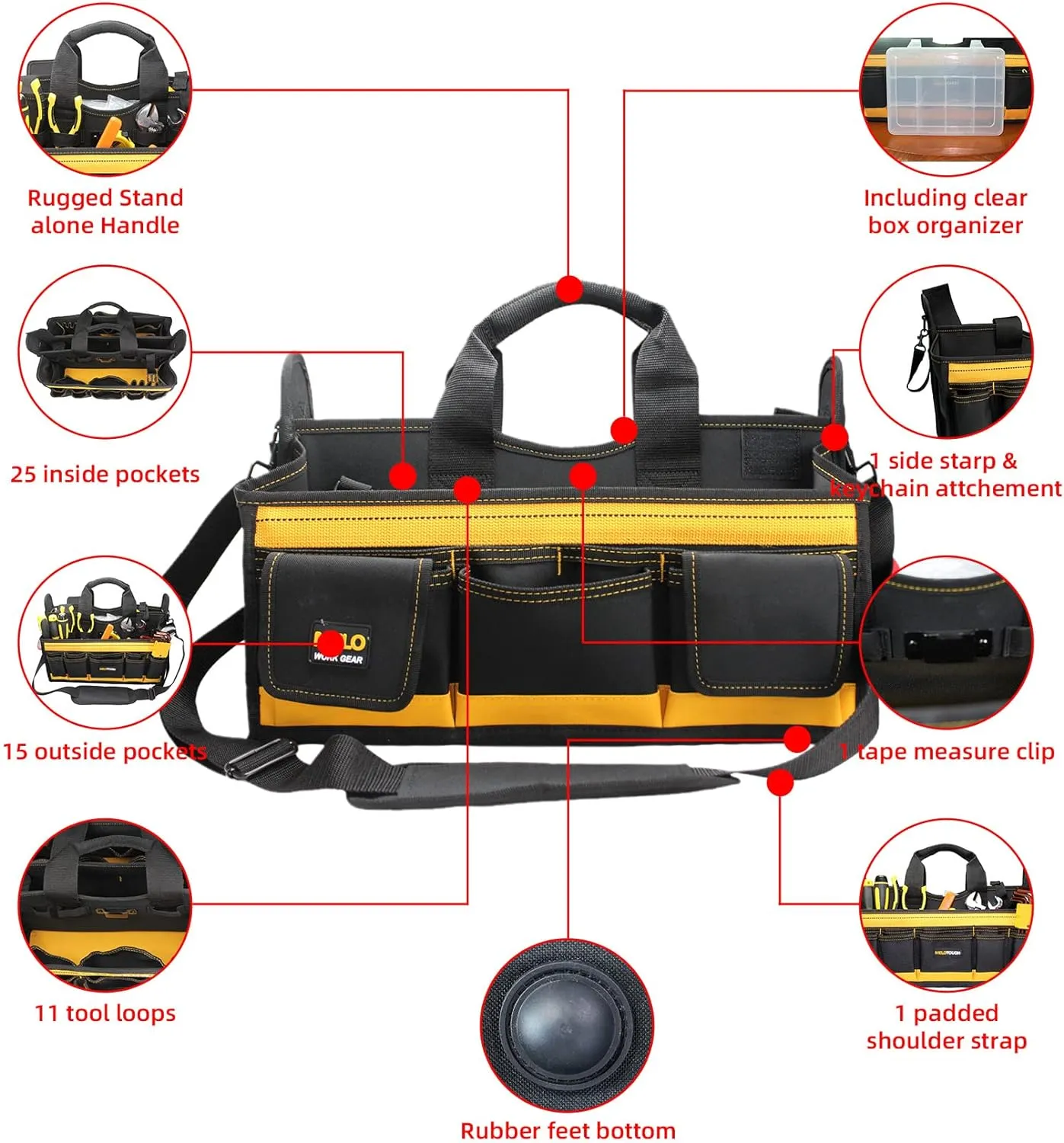 MELOTOUGH Electrician Tool Bag with shoulder strap 17 inch, HAVC Tool bag, Open Top Tool Carrier with plastic tray for construction DIY,Electrical,Technician