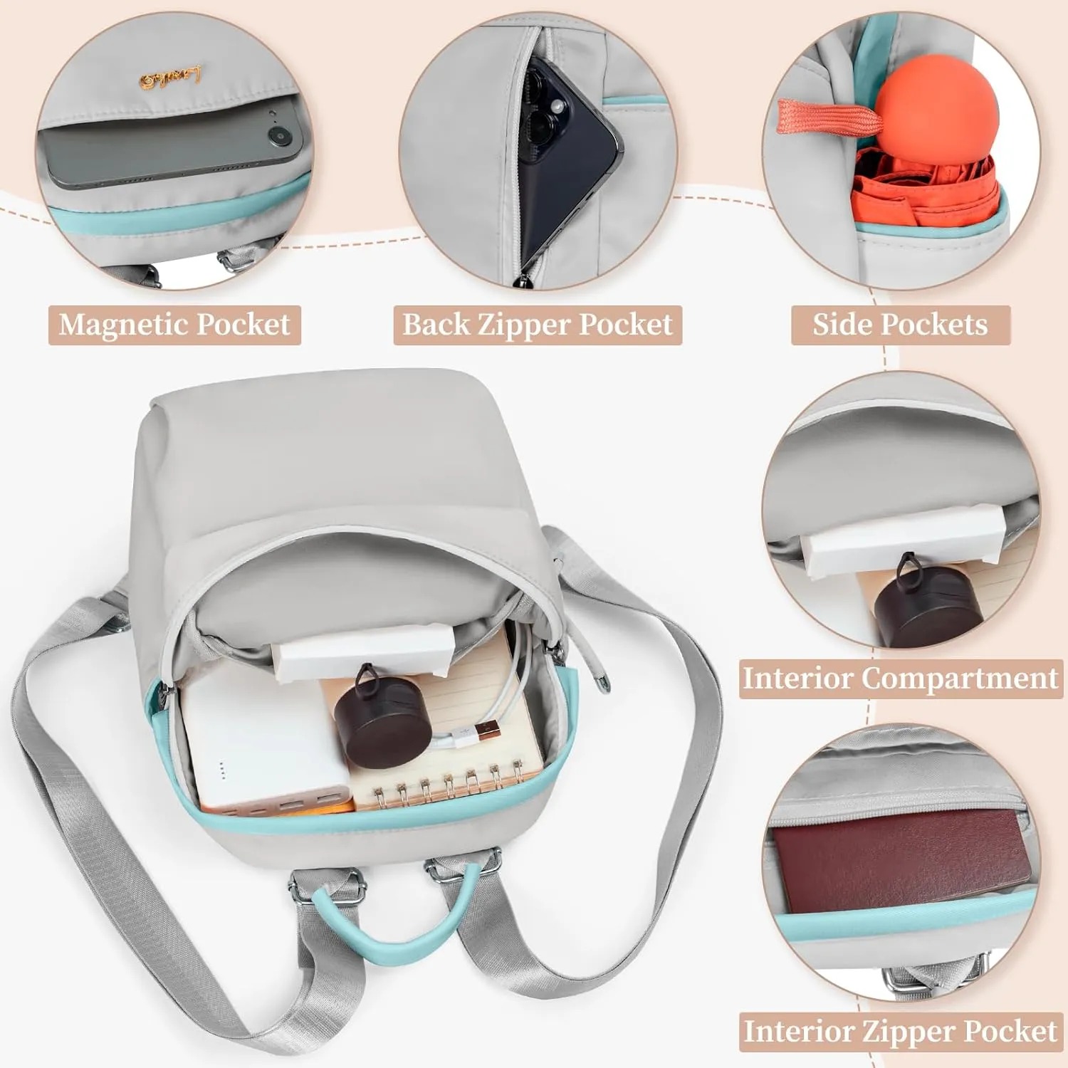Mini Backpack, Small Lightweight Travel Backpack Purse, Waterproof Daily Backpack Purses, Gray
