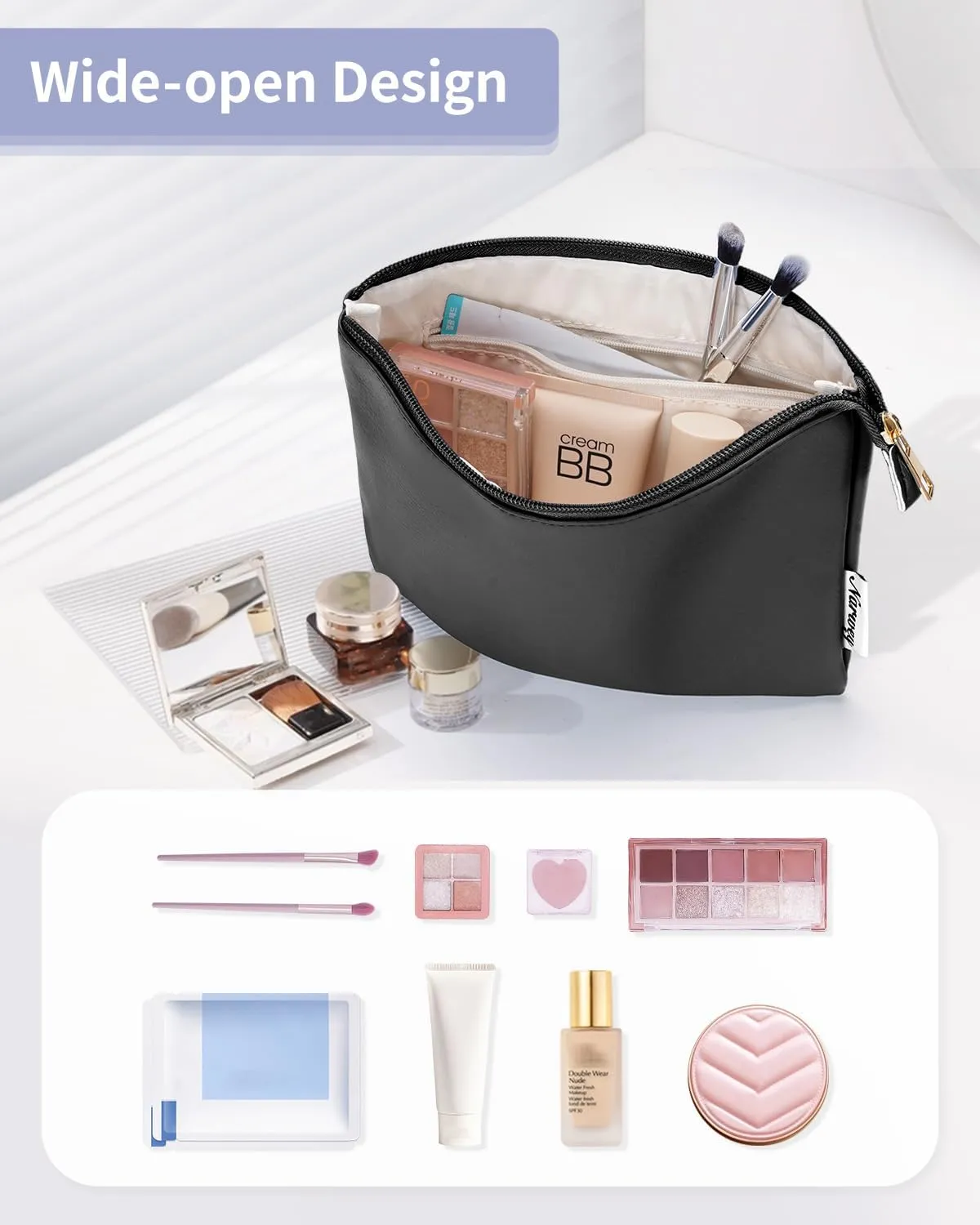 Narwey Small Makeup bag for Purse, Small Makeup Pouch for Purse Cosmetic Bag with Zipper, Cute PU Leather Make up Pouch for Women Girls (Black)