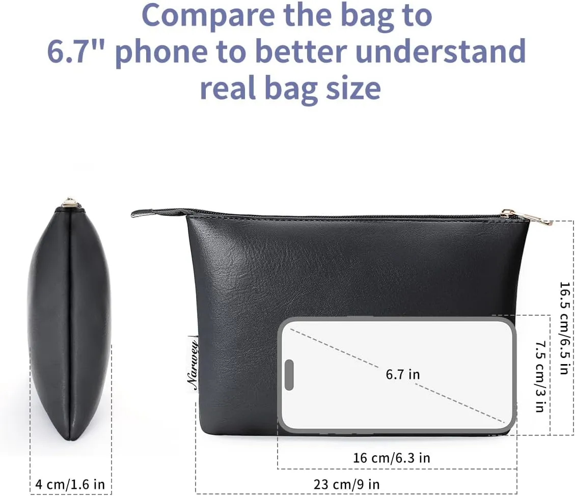 Narwey Small Makeup bag for Purse, Small Makeup Pouch for Purse Cosmetic Bag with Zipper, Cute PU Leather Make up Pouch for Women Girls (Black)