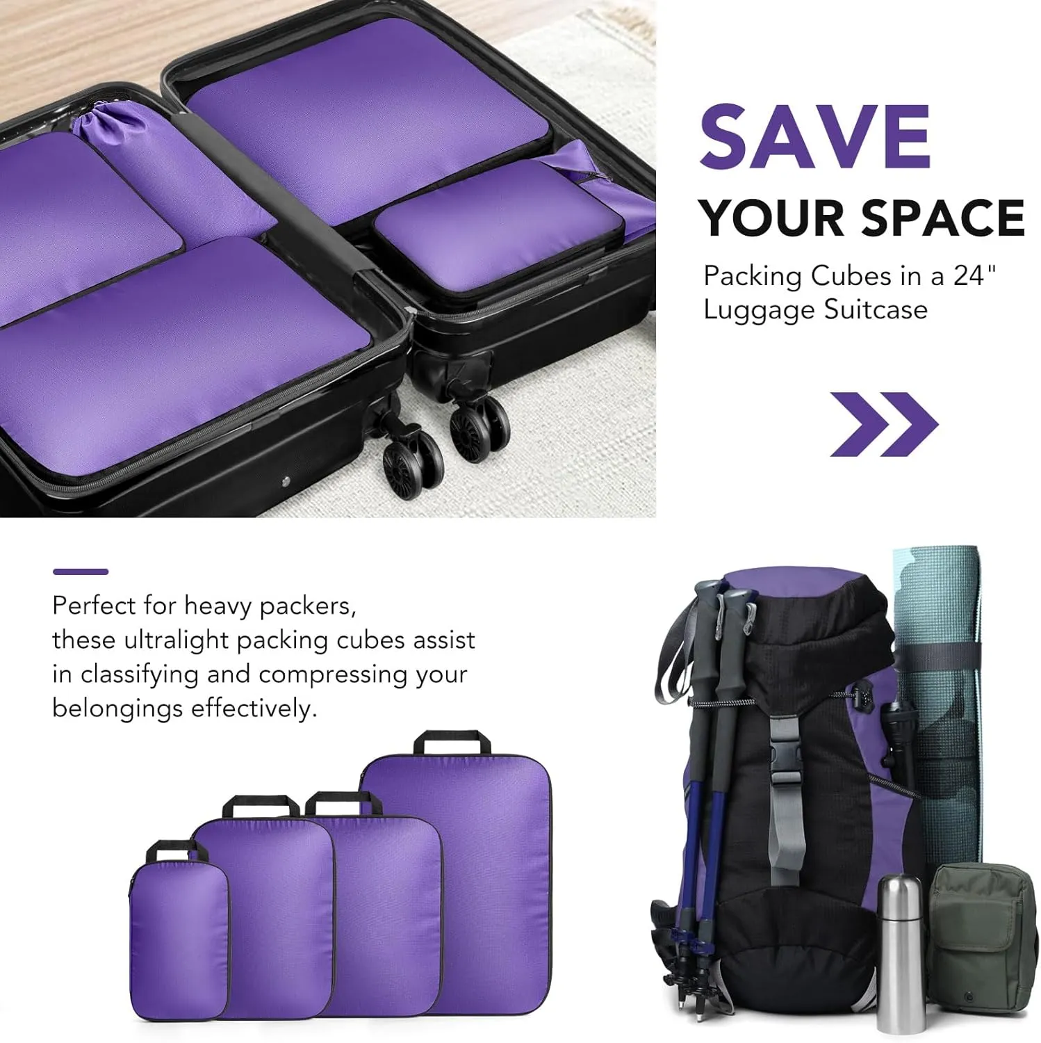 Packing Cubes for Travel, 4 Set Lightweight Compression Travel Bags - Luggage Suitcase Organizer, Expandable Packing Cubes Organizer for Carry on Suitcases, Purple