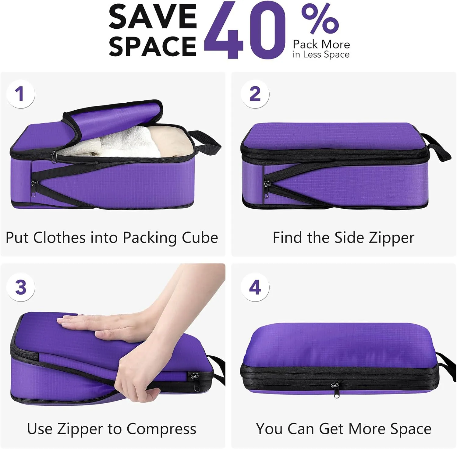 Packing Cubes for Travel, 4 Set Lightweight Compression Travel Bags - Luggage Suitcase Organizer, Expandable Packing Cubes Organizer for Carry on Suitcases, Purple