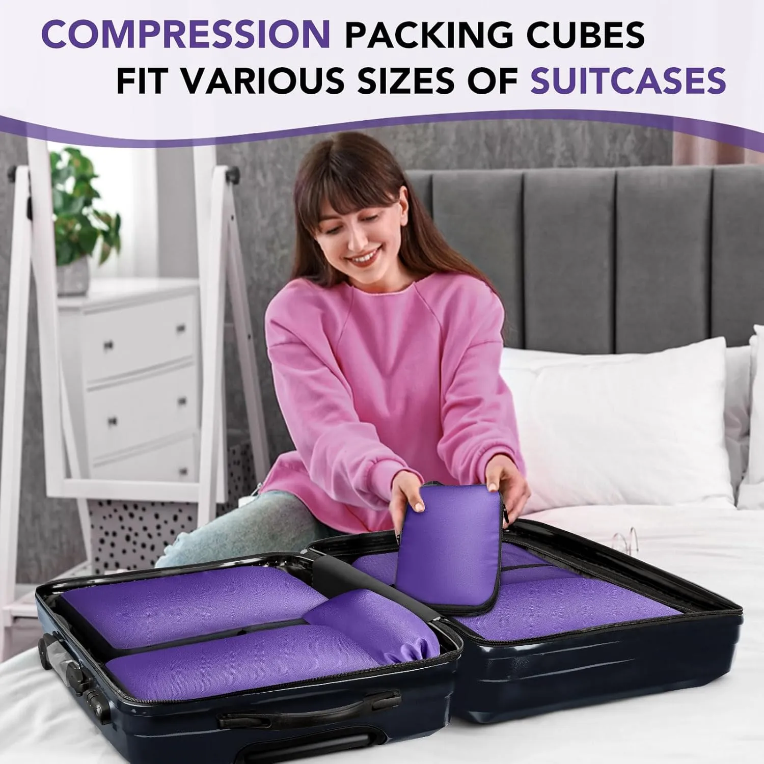 Packing Cubes for Travel, 4 Set Lightweight Compression Travel Bags - Luggage Suitcase Organizer, Expandable Packing Cubes Organizer for Carry on Suitcases, Purple