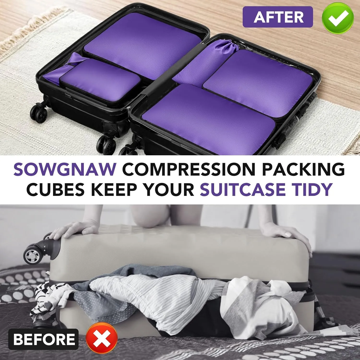 Packing Cubes for Travel, 4 Set Lightweight Compression Travel Bags - Luggage Suitcase Organizer, Expandable Packing Cubes Organizer for Carry on Suitcases, Purple