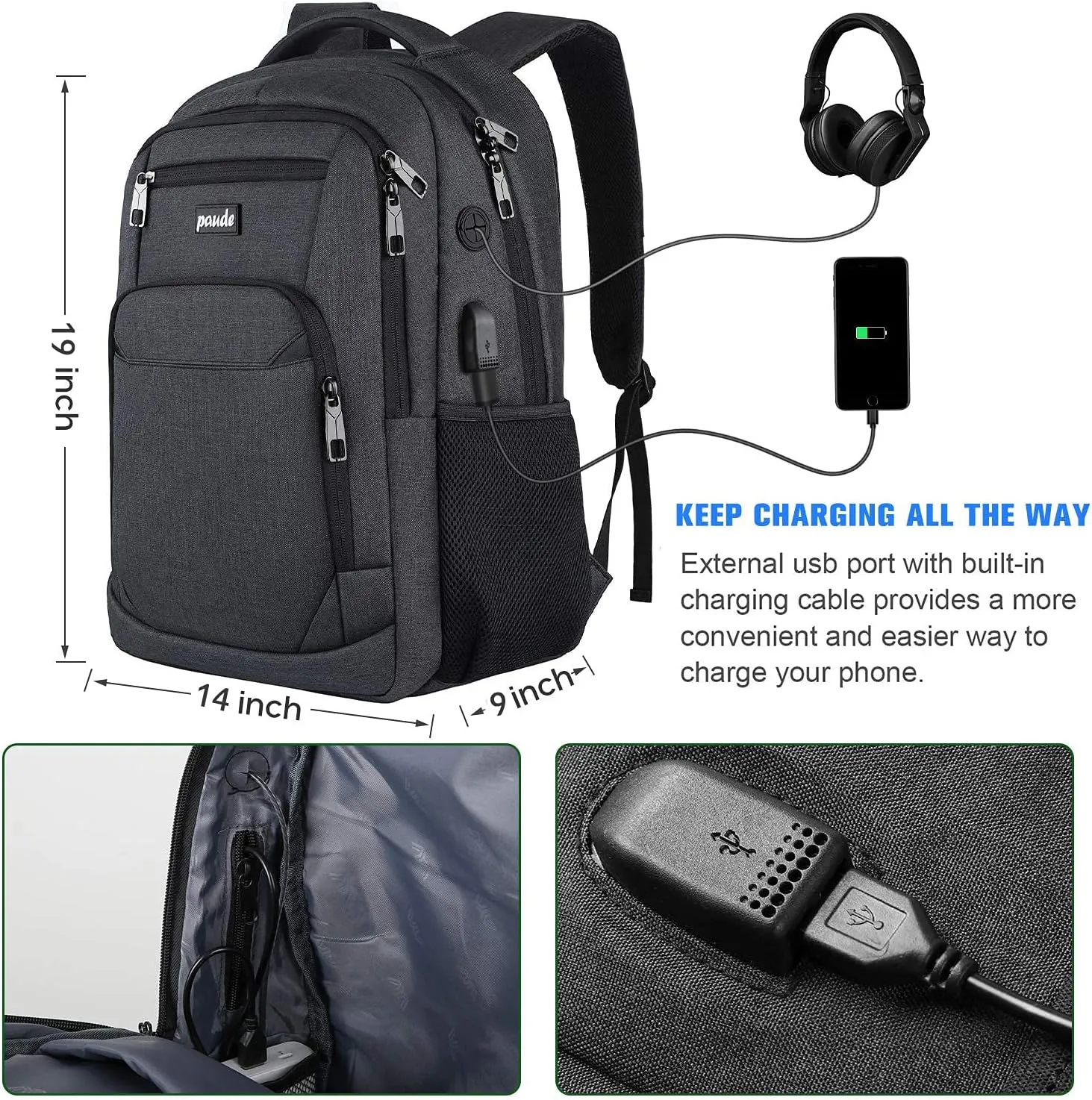 Paude Backpack for Men and Women,17.3 inch School Backpack for Teens,Travel Laptop Backpack with USB Charging port for Business College Travel