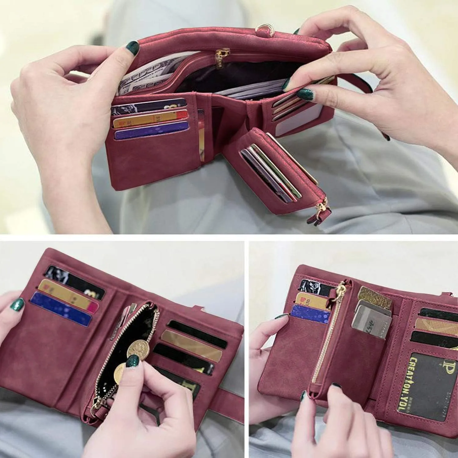 PofeeXIO Womens Small Bifold Leather Wallets RFID Ladies Wristlet with Card Slots id Window Zipper Coin Purse
