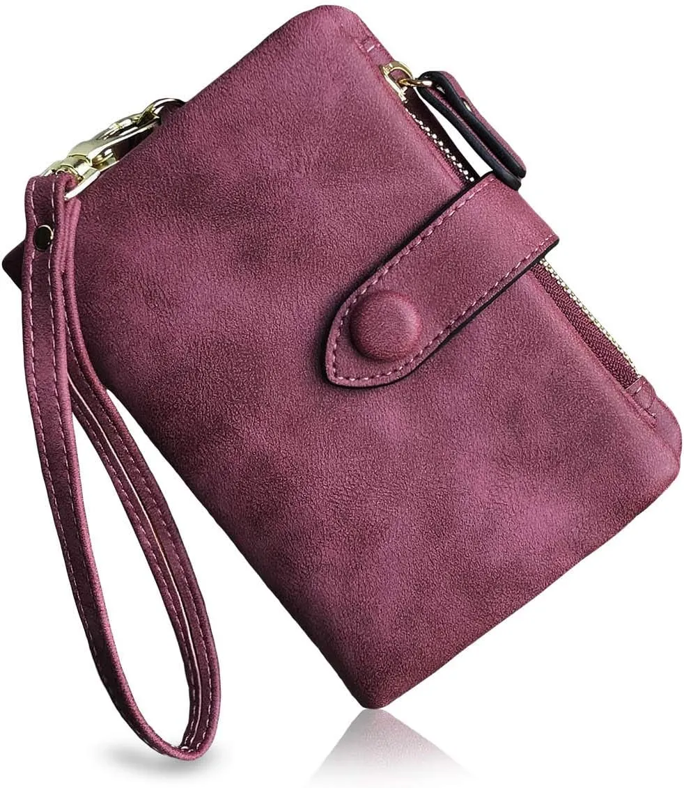 PofeeXIO Womens Small Bifold Leather Wallets RFID Ladies Wristlet with Card Slots id Window Zipper Coin Purse