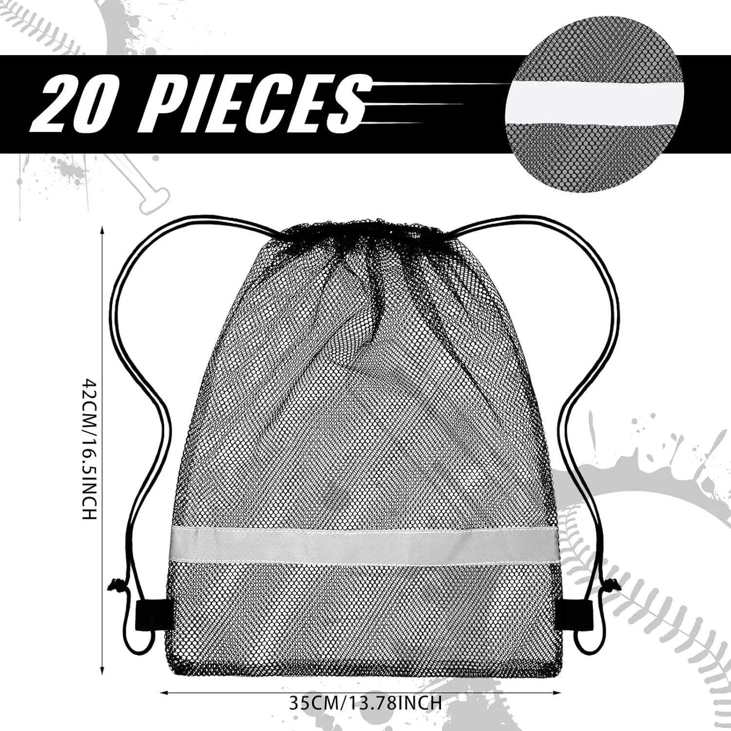 Saintrygo 20 Pcs Reflective Mesh Drawstring Bag 16.54 x 13.78 Inch Quick Drying Swimming Sport Beach Bag for Woman Man(Black)