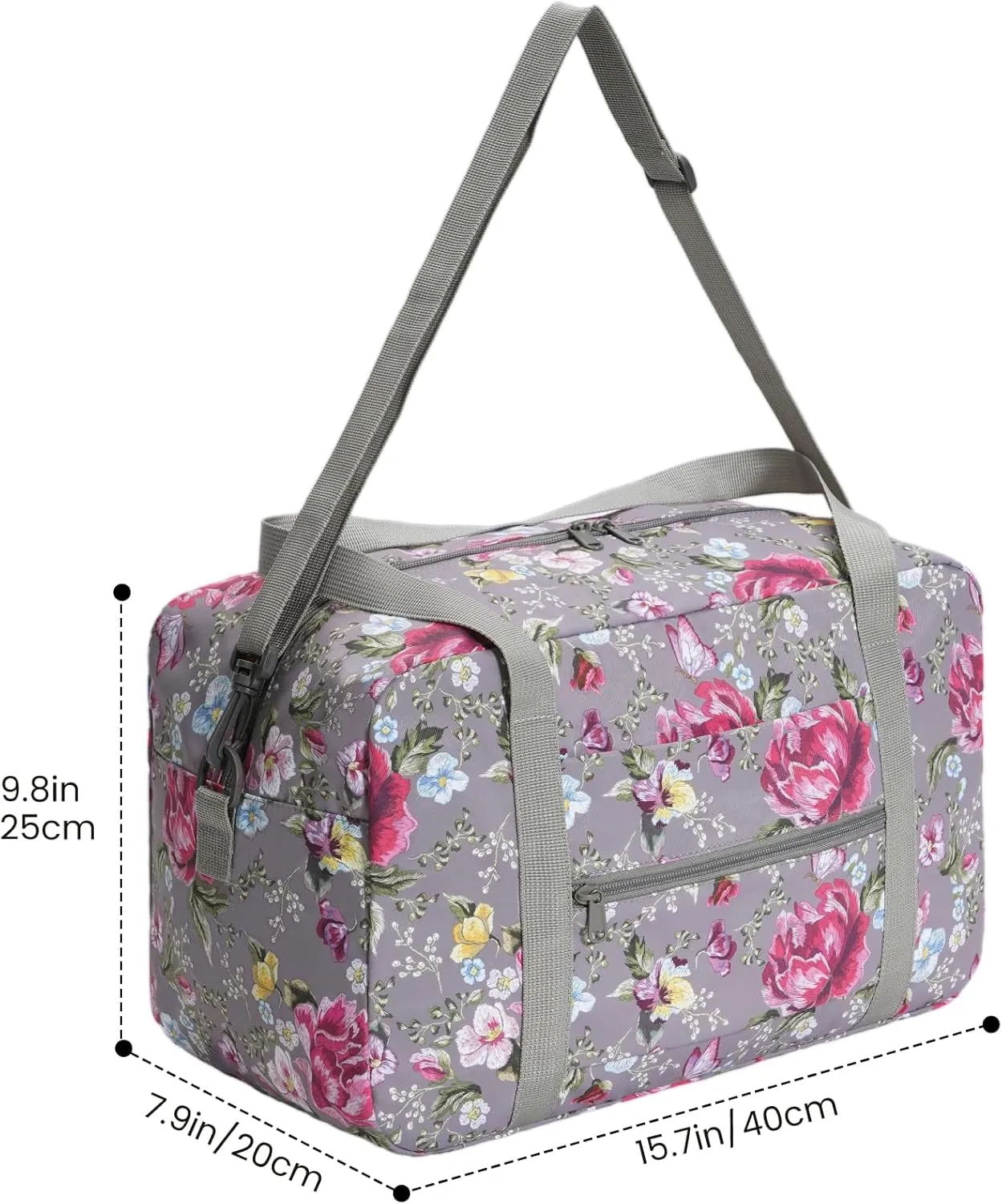 Small Cabin Bag 40x20x25 for Ryanair Airlines Foldable Underseat Travel Bag with Shoulder Strap Lightweight Weekender Duffel Holdall Hand Luggage Bag 20L (Floral Gray)